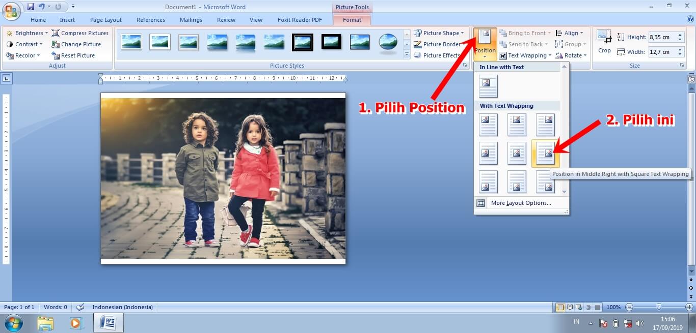 menu Position untuk mengatur posisi gambar pada kertas